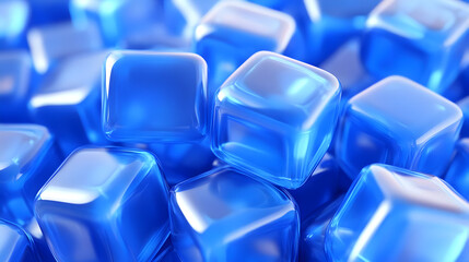 A close-up view of shiny blue ice cubes, reflecting light and creating a vibrant texture.