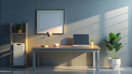 Modern Home Desk WorkPlace, With Laptop, Desk lamp and plant, Background concept.