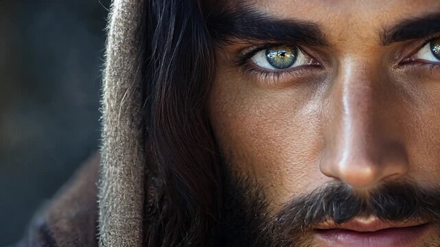 Jesus Christ with long dark hair and a beard looks directly at the camera. He has green eyes and is wearing a brown hooded garment.