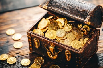 Treasure chest overflowing with golden coins on wooden surface