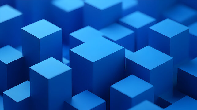 A close-up view of various blue geometric blocks arranged in a dynamic pattern.