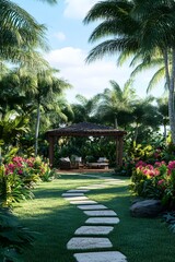 Fototapeta premium Tropical Garden Landscape with Stone Pathway and Gazebo