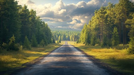 Obraz premium Road with pine forest on one side and open field on the other, contrast and balance