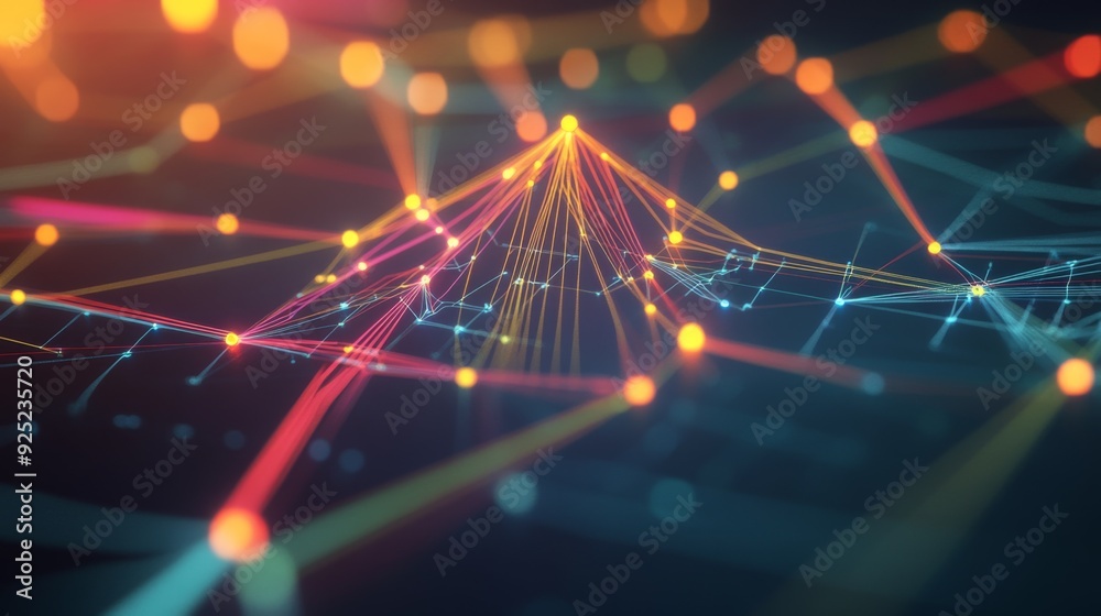 Poster a 3d radar chart with bright, colored lines forming a web-like structure, showcasing different metri