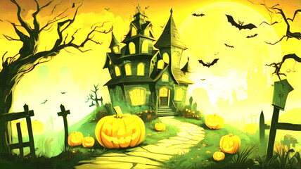 A spooky forest sunset with a haunted evil glowing eyes of Jack O' Lanterns on the left of a wooden bench on a scary halloween night.