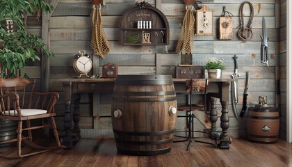 A nostalgic scene with a retro wooden barrel elegantly placed on a desk, offering ample space for