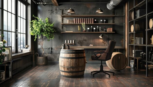 A nostalgic scene with a retro wooden barrel elegantly placed on a desk, offering ample space for