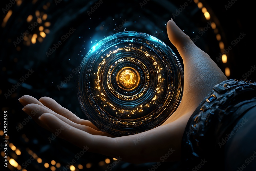 Aufkleber A hand holding a glowing, futuristic sphere with intricate patterns. The sphere is surrounded by a swirling vortex of light.
