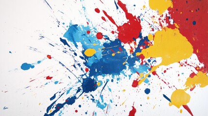 An abstract painting on a white background, with colorful splatters of red, blue, and yellow, creating a playful and lively effect