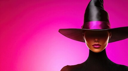 A mysterious woman in a black hat against a vibrant pink background, embodying elegance and intrigue.