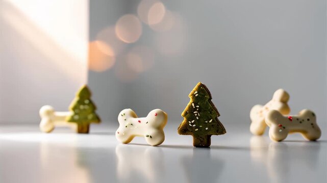 row of green Christmas tree-shaped and white bones dog treats on a minimalist white surface with soft, warm bokeh lights in the background