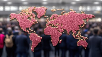 A creative representation of a world map made from vibrant colors against a blurred background of a busy crowd.