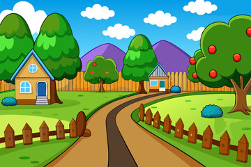 Vector background of a house and trees.