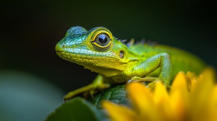 Naklejka premium A tight shot of a green-and-yellow lizard atop a sunflower against a matching background