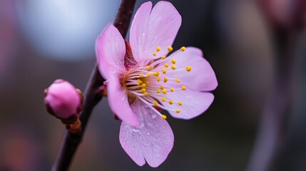  A tight shot of a pink bloom with dew drops on its petals and an out-of-focus backdrop