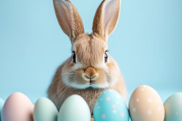 Obraz premium Adorable bunny with pastel Easter eggs on blue background