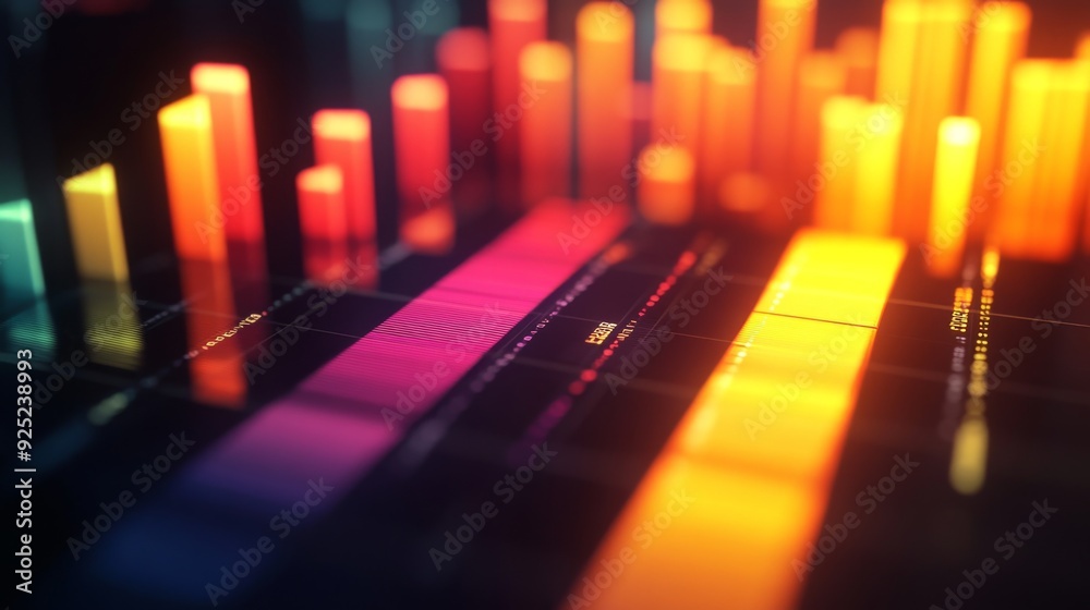 Aufkleber A close-up of a 3D bar graph with illuminated bars and shadows, illustrating performance metrics with clear labels and a high-tech visual appeal.