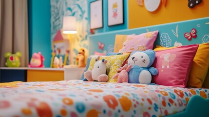 A child bed with colorful sheets, stuffed animals, and a playful headboard, in a brightly decorated, fun-filled bedroom.