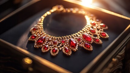 Fototapeta premium An ornate red and gold necklace lying in a display box, with light softly illuminating the metal and gemstones