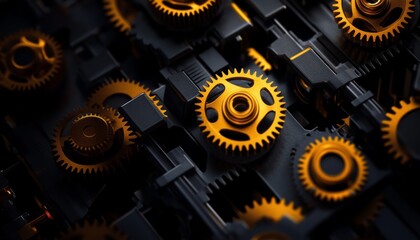 Close-up of intricate gold gears on a dark background, highlighting the beauty of mechanical engineering and design.