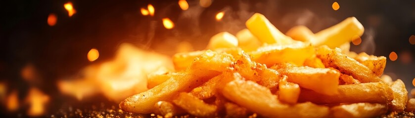 Crispy golden fries served with a hint of spice, perfect for any meal or snack, capturing the essence of comfort food indulgence.