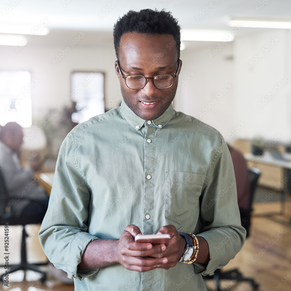 Poster communication, phone and social media with professional black man in creative workplace for interact