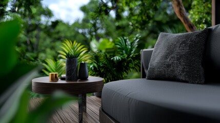  A couch sits atop a wooden floor, adjacent to a table with two vases positioned on it