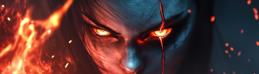 Intense, fiery gaze fierce expression dark background dramatic lighting captivating eyes.