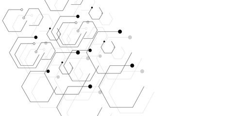 Black on white abstract particles connection background with hexagon. geometric technology banner design