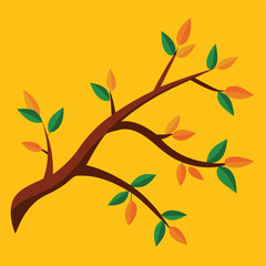 A minimalist illustration of a tree branch with green and orange leaves against a vibrant yellow background.