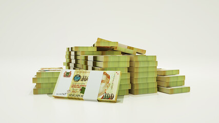3d rendering of Stacks of Singapore Dollar notes. bundles of Singaporean currency notes isolated on white background
