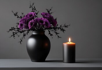 black burning candle and black vase with black and purple flowers on black background for obituary notice, funeral announcement, necrology