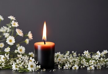 white flowers and black burning candle on black background for obituary notice, funeral announcement, necrology