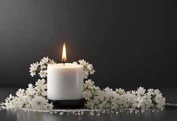 white flowers and white burning candle on black background for obituary notice, funeral announcement, necrology