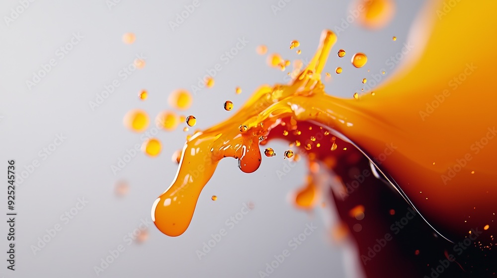 Poster  An orange liquid splashes from a bottle's brim against a backdrop of gray and blue  A bottle of orange juice, set against a grey-blue background, releases