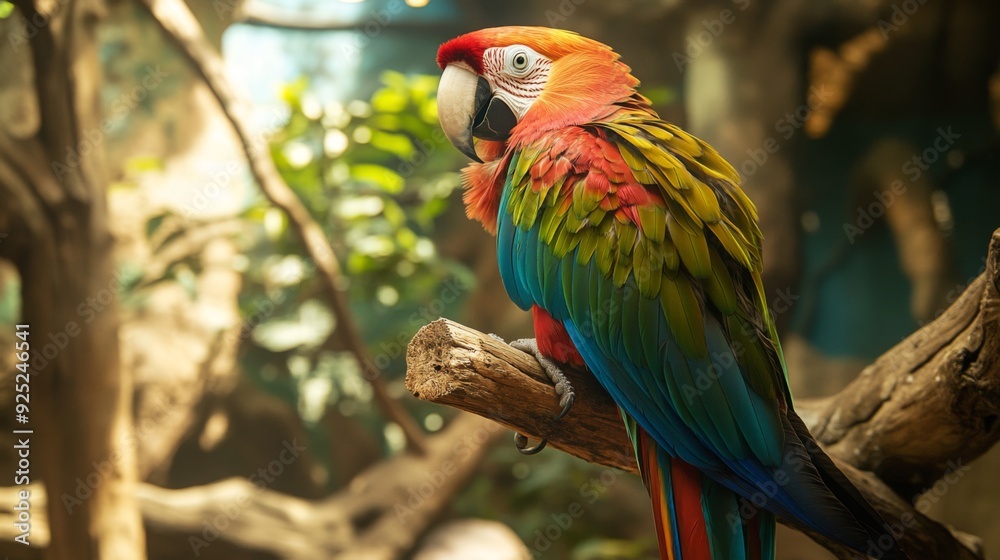 Poster A close-up of a colorful parrot perched on a branch, with its vibrant feathers and expressive eyes prominently displayed in its zoo enclosure.