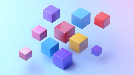 A collection of colorful 3D cubes arranged in a dynamic layout against a soft background.