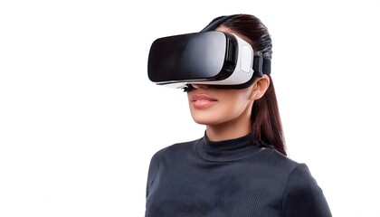  Portrait of woman using virtual reality headset, isolated on white background