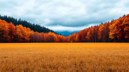 Autumnal Forest Landscape with Golden Field and Dramatic Sky