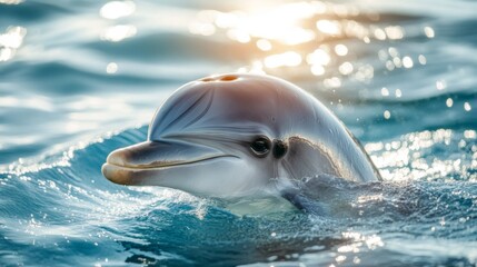 A close-up of a dolphin head and dorsal fin above the water, with clear, blue ocean and sunlight reflecting off its smooth skin.
