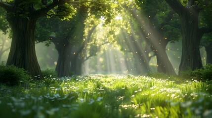 Obraz premium Enchanted Forest Glade with Sunlit Blossoms