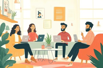 Vibrant Multicultural Team in a Dynamic Open-Plan Office - Vector Illustration of Diverse Colleagues in a Creative Workspace