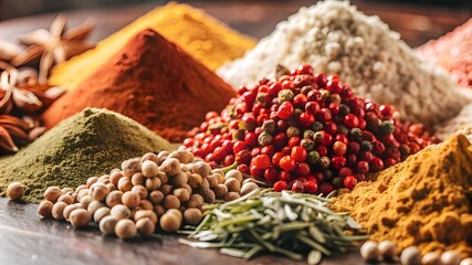 Colourful various Seasonings spices and herbs ingredients for cooking, curry, ginger, paprika, parsley, thyme, salt, on a black background.