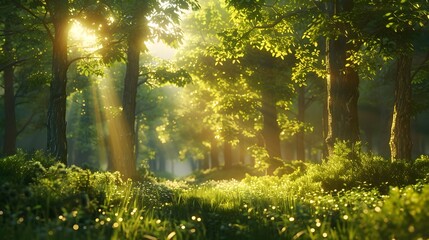 Obraz premium Lush green sunlit forest clearing with vibrant foliage and soft light rays