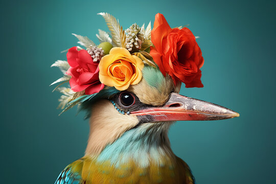 colorful bird wearing green hat with flower on top of hade