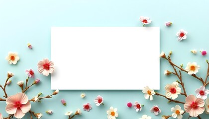 Floral Greeting Card Mockup with Pastel Blossoms on Light Blue Background create with ai