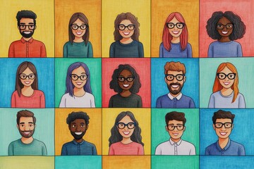 Diverse Hand-Drawn Team in Vibrant Virtual Meeting: Embracing Remote Work Culture with Inclusivity and Technology Illustration