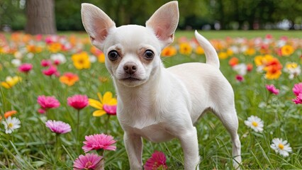 Cream smooth coat chihuahua dog in flower field