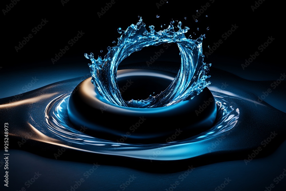Poster a single drop of water creates a perfect circular wave on a dark surface, illuminated by a blue ligh