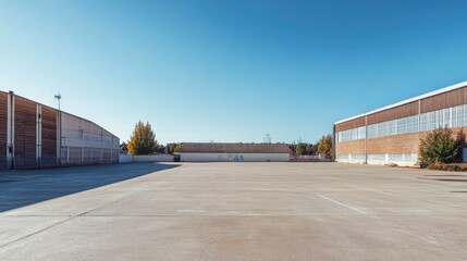 Large, open cement yard with clear skies, suitable for various activities like sports or events. An adaptable space.